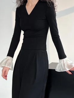 COMMENSE V-Neck Contrast Ruffle-Cuff Blouse* Blouses & Shirts|Tops