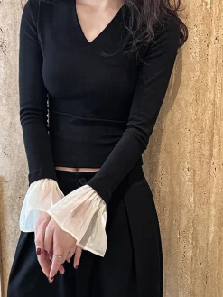 COMMENSE V-Neck Contrast Ruffle-Cuff Blouse* Blouses & Shirts|Tops