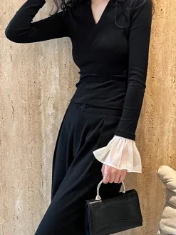 COMMENSE V-Neck Contrast Ruffle-Cuff Blouse* Blouses & Shirts|Tops