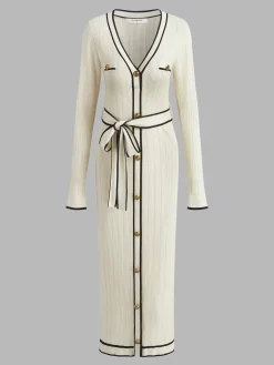 COMMENSE V-Neck Contrast Trim Belted Sweater Dress* White Dresses|Sweater Dresses