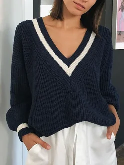 COMMENSE V-Neck Contrast Trim Sweater* Sweater Tops|Sweaters & Cardigans
