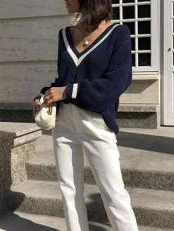 COMMENSE V-Neck Contrast Trim Sweater* Sweater Tops|Sweaters & Cardigans