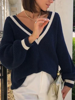 COMMENSE V-Neck Contrast Trim Sweater* Sweater Tops|Sweaters & Cardigans