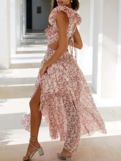 COMMENSE V-Neck Cutout Ruffle Dress* Vacation Dresses|Summer Dresses