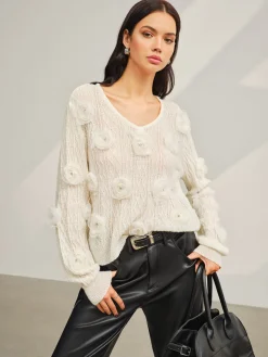 COMMENSE V-Neck 3D Flower Knit Top* Sweater Tops|Sweaters & Cardigans