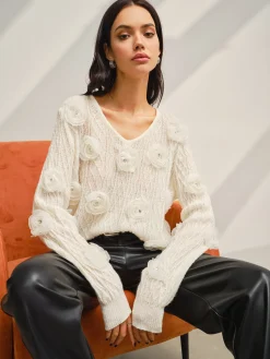 COMMENSE V-Neck 3D Flower Knit Top* Sweater Tops|Sweaters & Cardigans