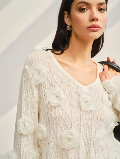 COMMENSE V-Neck 3D Flower Knit Top* Sweater Tops|Sweaters & Cardigans