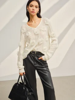 COMMENSE V-Neck 3D Flower Knit Top* Sweater Tops|Sweaters & Cardigans