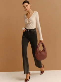 COMMENSE V-Neck 3D Flower Pleated Slim Blouse* Tops