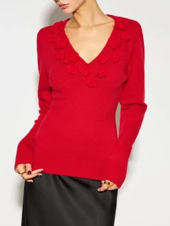 COMMENSE V-Neck 3D Flower Skinny Knit Top* Knitwear|Tops