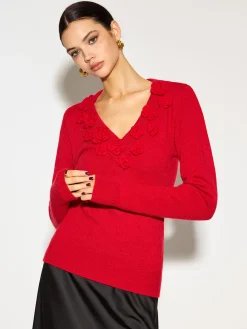 COMMENSE V-Neck 3D Flower Skinny Knit Top* Knitwear|Tops