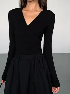 COMMENSE V-Neck Double Pockets Long Sleeve Long Dress* Black Dresses|Casual Dresses