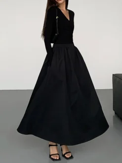 COMMENSE V-Neck Double Pockets Long Sleeve Long Dress* Black Dresses|Casual Dresses