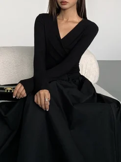 COMMENSE V-Neck Double Pockets Long Sleeve Long Dress* Black Dresses|Casual Dresses