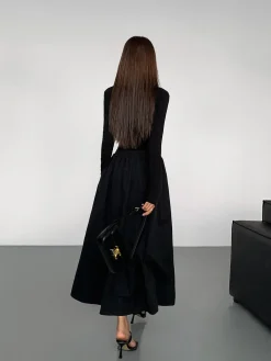 COMMENSE V-Neck Double Pockets Long Sleeve Long Dress* Black Dresses|Casual Dresses