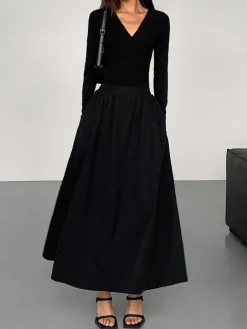 COMMENSE V-Neck Double Pockets Long Sleeve Long Dress* Black Dresses|Casual Dresses