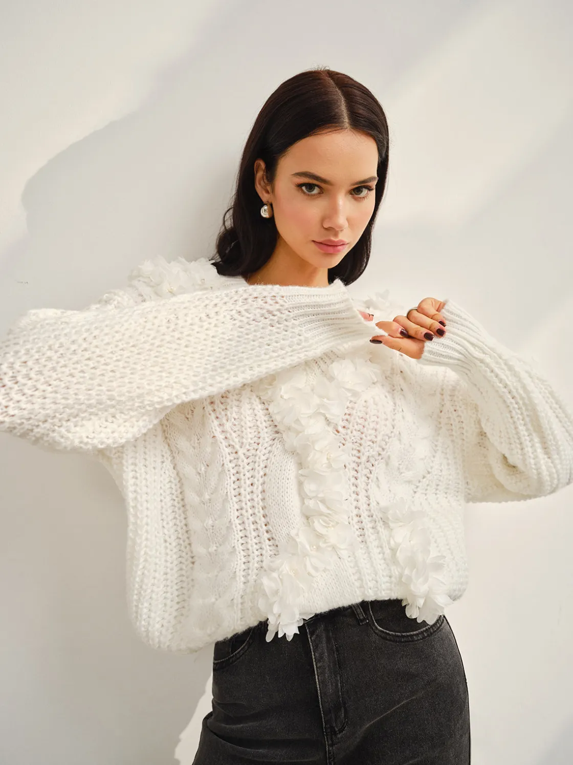 COMMENSE V-Neck Floral-Decor Shift Sweater* Sweater Tops|Sweaters & Cardigans