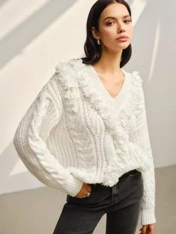 COMMENSE V-Neck Floral-Decor Shift Sweater* Sweater Tops|Sweaters & Cardigans