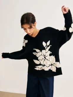 COMMENSE V-Neck Knit-Floral Shift Sweater* Sweater Tops|Sweaters & Cardigans