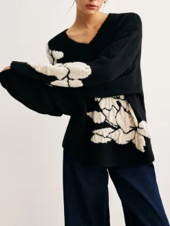 COMMENSE V-Neck Knit-Floral Shift Sweater* Sweater Tops|Sweaters & Cardigans
