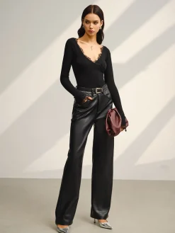 COMMENSE V-Neck Lace Trim Skinny Jersey Top* Blouses & Shirts|Tops