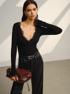 COMMENSE V-Neck Lace Trim Skinny Jersey Top* Blouses & Shirts|Tops