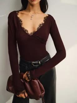 COMMENSE V-Neck Lace Trim Skinny Jersey Top* Blouses & Shirts|Tops