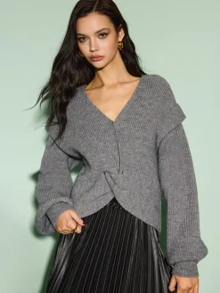 COMMENSE V-Neck Lantern Sleeve Knotted Sweater* Knitwear|Tops