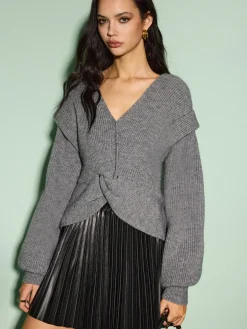 COMMENSE V-Neck Lantern Sleeve Knotted Sweater* Knitwear|Tops