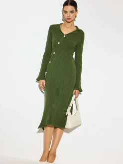 COMMENSE V-Neck Lapel Sweater Midi Dress* Knitwear|Dresses