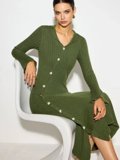 COMMENSE V-Neck Lapel Sweater Midi Dress* Knitwear|Dresses