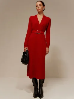 COMMENSE V-Neck Long Sleeve Belted Sweater Dress* Sweater Dresses|Work Dresses