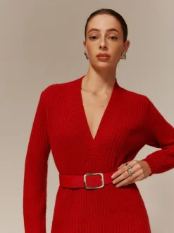 COMMENSE V-Neck Long Sleeve Belted Sweater Dress* Sweater Dresses|Work Dresses