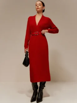 COMMENSE V-Neck Long Sleeve Belted Sweater Dress* Sweater Dresses|Work Dresses