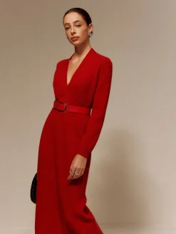 COMMENSE V-Neck Long Sleeve Belted Sweater Dress* Sweater Dresses|Work Dresses