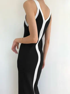 COMMENSE V-Neck Monochrome Long Dress* Black Dresses|Sweater Dresses