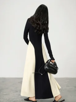 COMMENSE V-Neck Panel Pleated Long Dress* Black Dresses|Cocktail & Party Dresses
