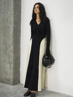 COMMENSE V-Neck Panel Pleated Long Dress* Black Dresses|Cocktail & Party Dresses