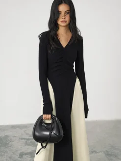 COMMENSE V-Neck Panel Pleated Long Dress* Black Dresses|Cocktail & Party Dresses