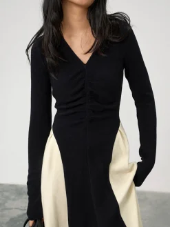COMMENSE V-Neck Panel Pleated Long Dress* Black Dresses|Cocktail & Party Dresses