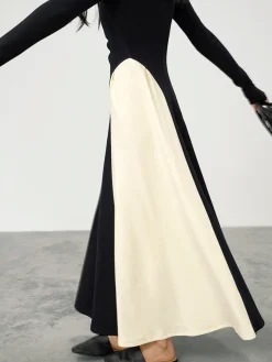 COMMENSE V-Neck Panel Pleated Long Dress* Black Dresses|Cocktail & Party Dresses