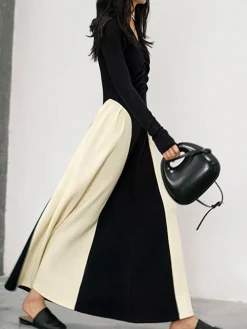 COMMENSE V-Neck Panel Pleated Long Dress* Black Dresses|Cocktail & Party Dresses