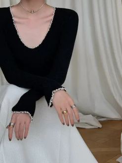 COMMENSE V-Neck Pearl Trim Knit Top* Sweater Tops|Sweaters & Cardigans