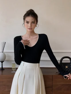 COMMENSE V-Neck Pearl Trim Knit Top* Sweater Tops|Sweaters & Cardigans