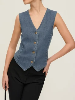 COMMENSE V-Neck Piping Button Denim Vest* Outerwear|Vests
