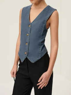 COMMENSE V-Neck Piping Button Denim Vest* Outerwear|Vests