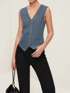 COMMENSE V-Neck Piping Button Denim Vest* Outerwear|Vests