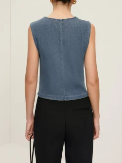 COMMENSE V-Neck Piping Button Denim Vest* Outerwear|Vests