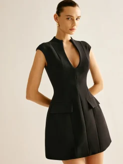 COMMENSE V-Neck Plain Piping Tank Dress* Black Dresses|Casual Dresses