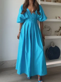 COMMENSE V-Neck Pleated Bell-Sleeve Dress* Casual Dresses|Cocktail & Party Dresses